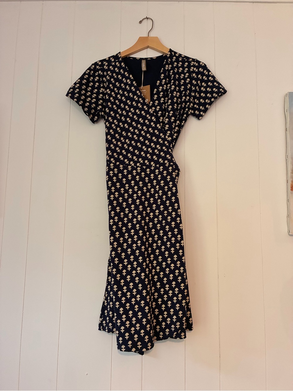 Mata Traders Navy and Cream Floral Wrap-Style Midi Dress
